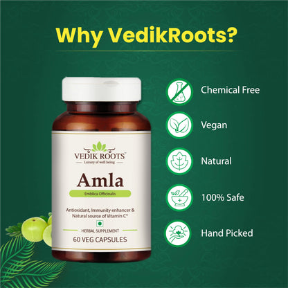 Vedikroots Amla Capsules 60_ Organic Hair Growth & Vitamin C Herbal Supplement Antioxidant Immunity Enhancer Natural Source of Vitamin C (Pack of 1)