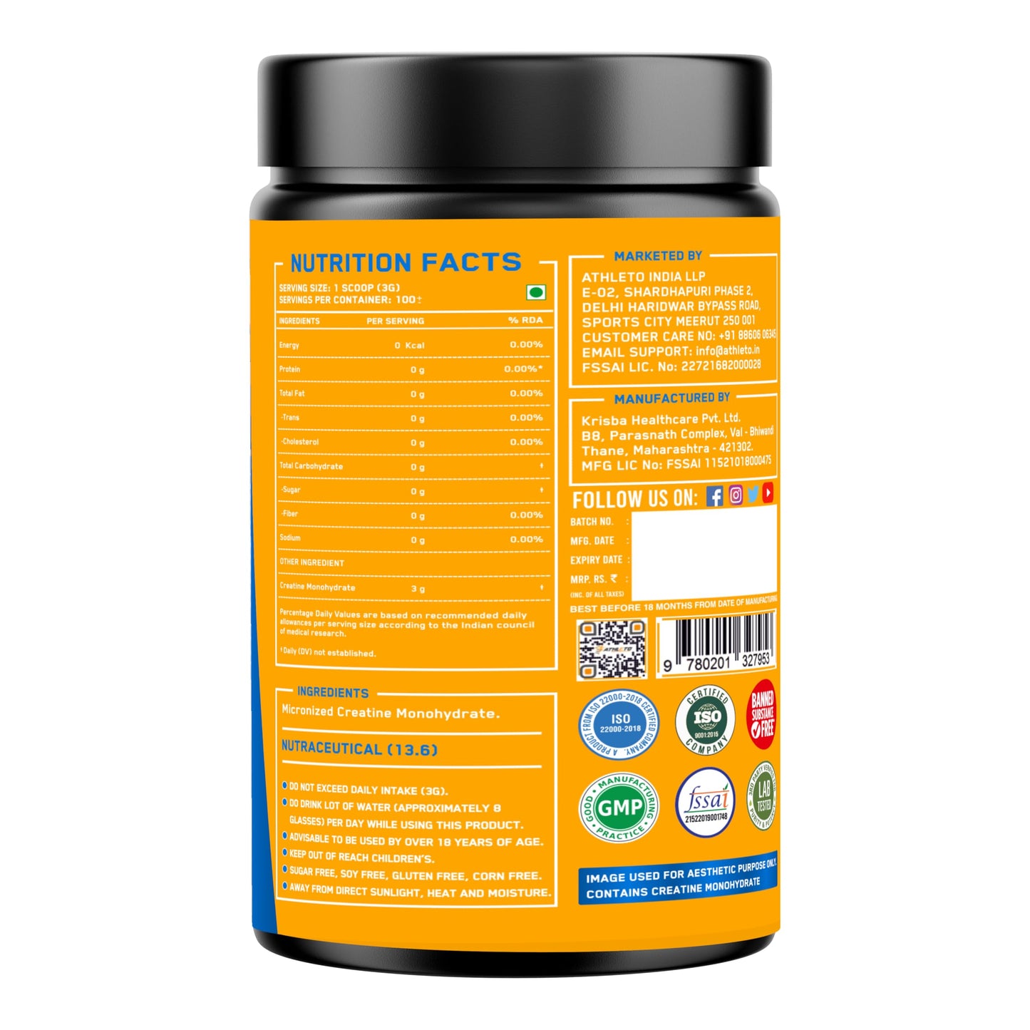 Athleto Creatine Monohydrate Powder | 100% Pure Micronized | Strength, Power & Muscle Growth Supplement for Men & Women | 300g Unflavoured