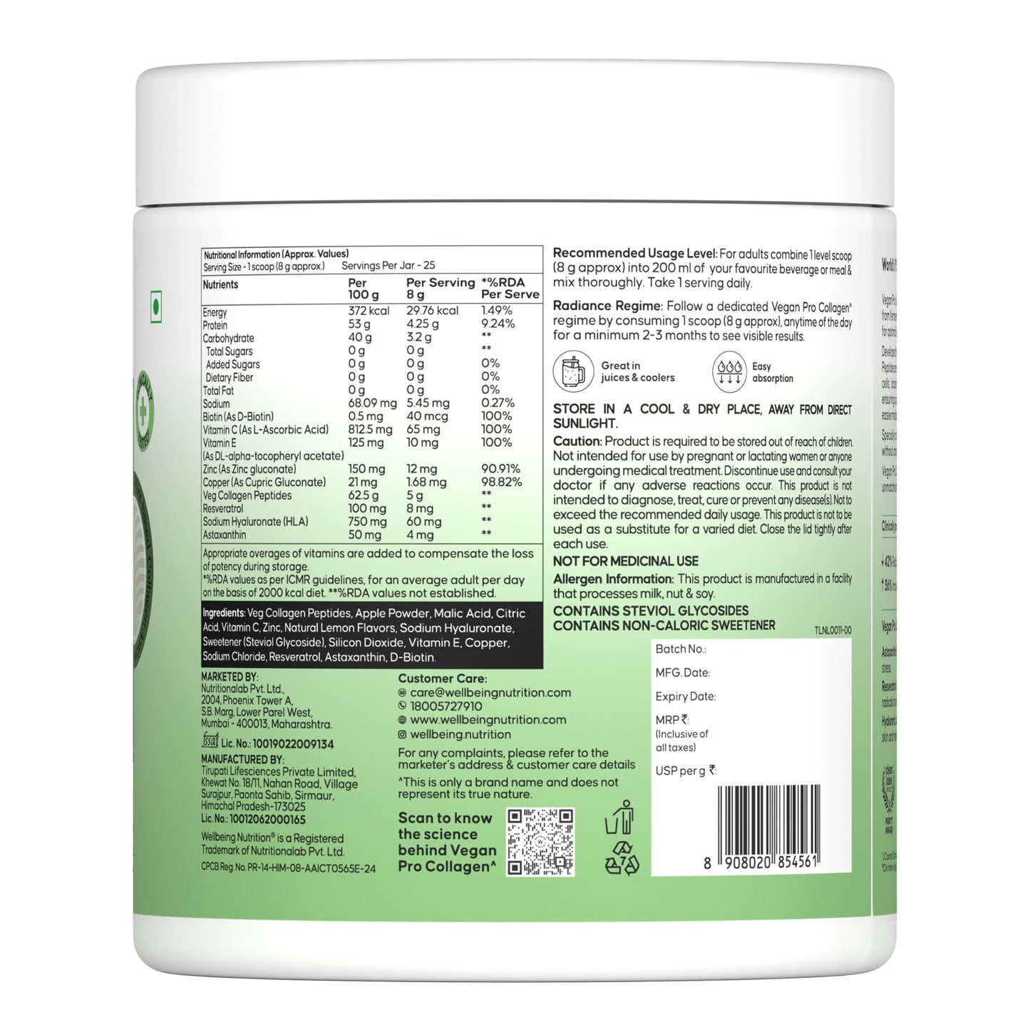 Wellbeing Nutrition Vegan Pro Collagen Peptides Supplement for Skin and Hair | 100% Plant Based 5 gms Collagen, Lemon Lime, 200 gms