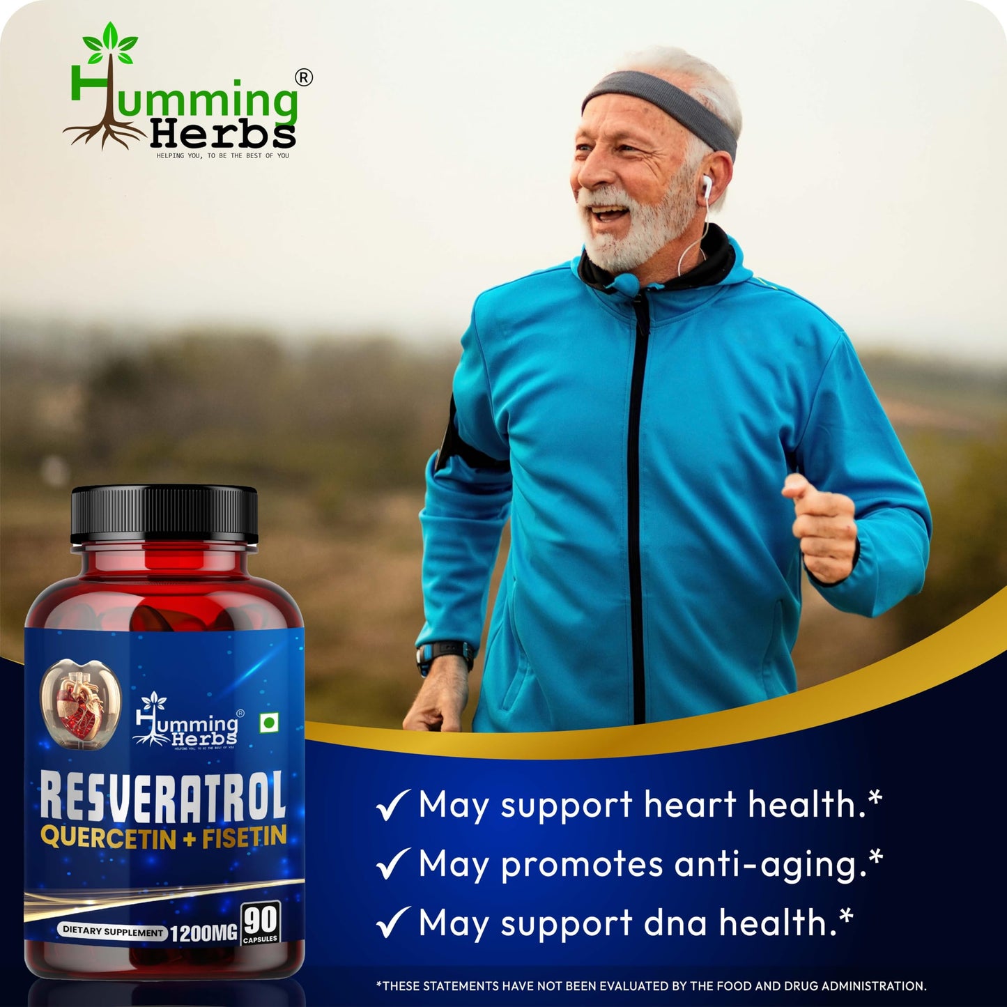 Humming Herbs Resveratrol Supplement 1200mg – 5-in-1 Formula with Quercetin, Fisetin, Spermidine & Vitamin D3 – 90 Capsules