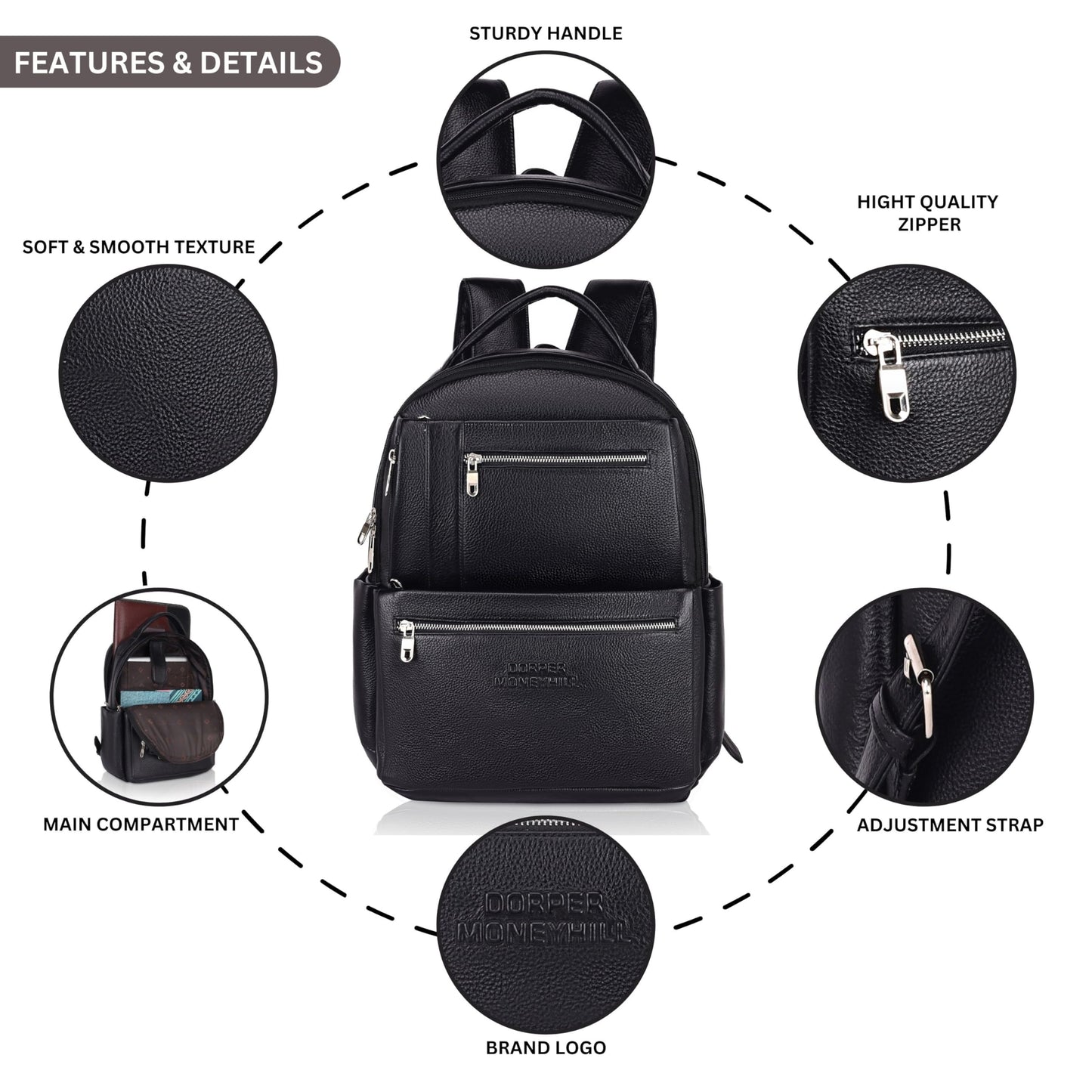 DORPER MONEY HILL Genuine Leather Backpack laptop Bag Stylish Durable Office Use Professional Bag for Men Women (ELITE BLACK, Leather)