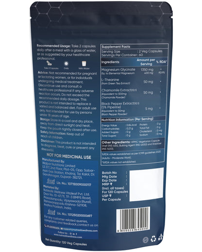 Nutrealis Magnesium Glycinate 400mg Elemental, Chelated High Absorption with L-Theanine, Chamomile & Black Pepper, Sleep Stress Muscle Support, 120 Vegan Capsules