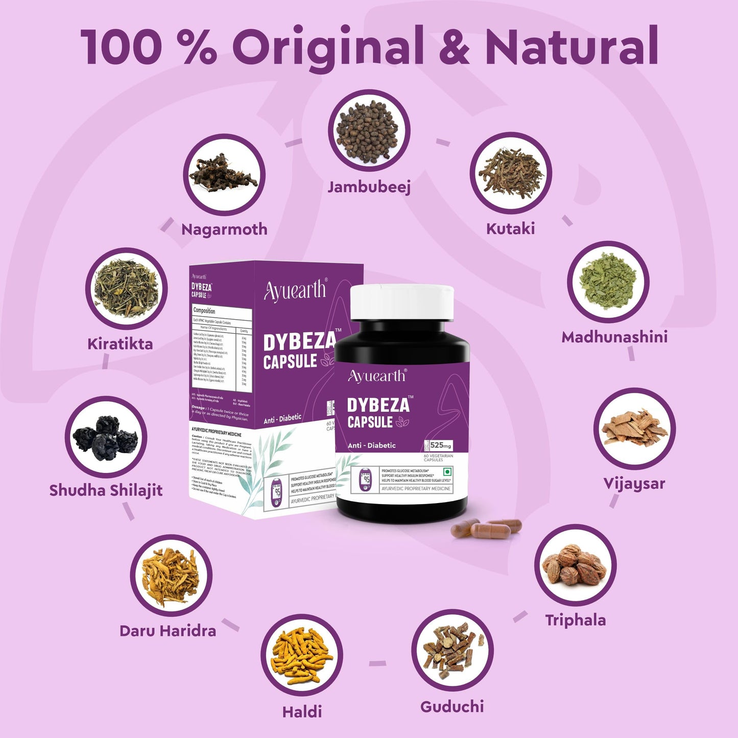 Ayuearth Dybeza | Diabetes Care Capsule | Diabetes Care Capsule Ayurvedic | Helps Control Blood Sugar Levels | Blood Sugar Control Tablets | 60 Veg Capsules