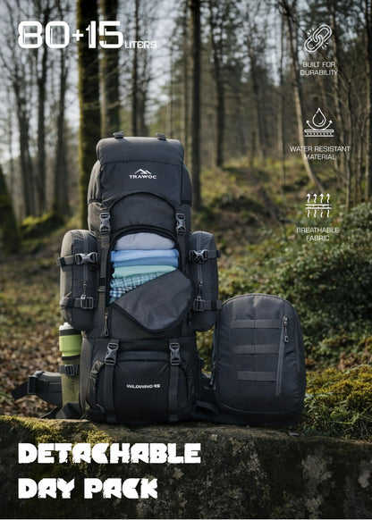 TRAWOC WILDWING 95L (80+15) Internal Frame Trekking Backpack with 15L Detachable Daypack, Rain Cover, Shoe Compartment & Adjustable Fit. Large Rucksack for Travel, Hiking & Camping | 3-Year Warranty