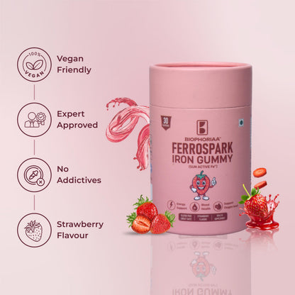 Biophoriaa Ferrospark Iron Gummies for Kids & Adults | Ferric Pyrophosphate Iron Supplement | Strawberry Flavour | Supports Energy, Hemoglobin & Immunity | 30 Gummies