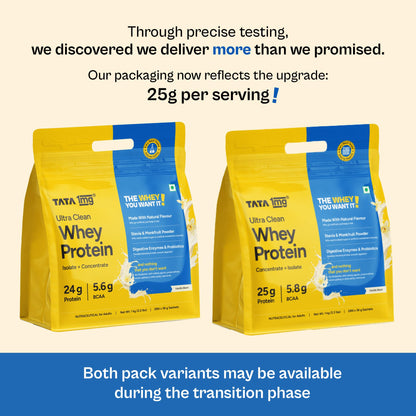Tata 1mg Ultra Clean Whey Protein Isolate + Concentrate - Vanilla Bean 1kg | 24g Protein, 5.6g BCAA & 30B CFU Probiotics-28 Sachets