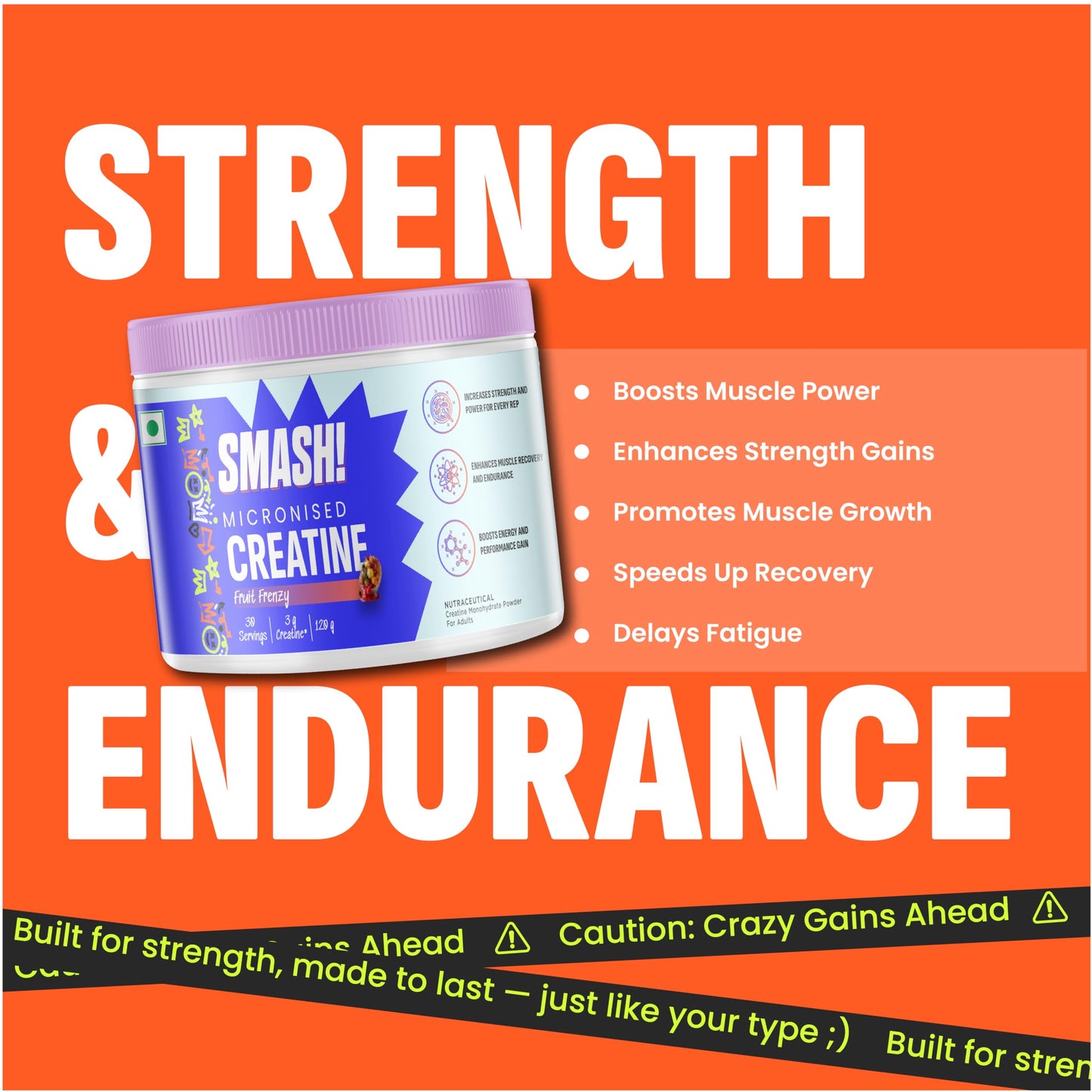 SMASH Micronised Creatine Monohydrate Powder, Fruit Frenzy (30 Servings, 120g)