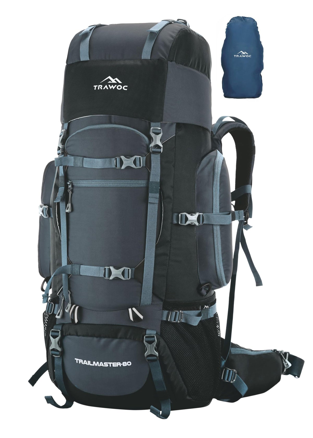 TRAWOC TRAILMASTER 80L Rucksack Bag for Men & Women, Large Water Resistant Trekking Hiking Bag Travel Backpack, Grey, 3 Year Warranty