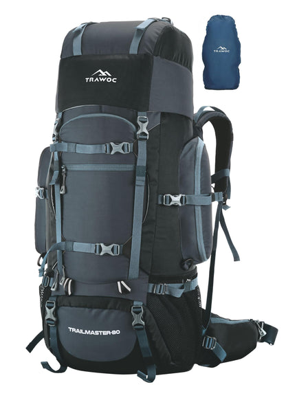 TRAWOC TRAILMASTER 80L Rucksack Bag for Men & Women, Large Water Resistant Trekking Hiking Bag Travel Backpack, Grey, 3 Year Warranty