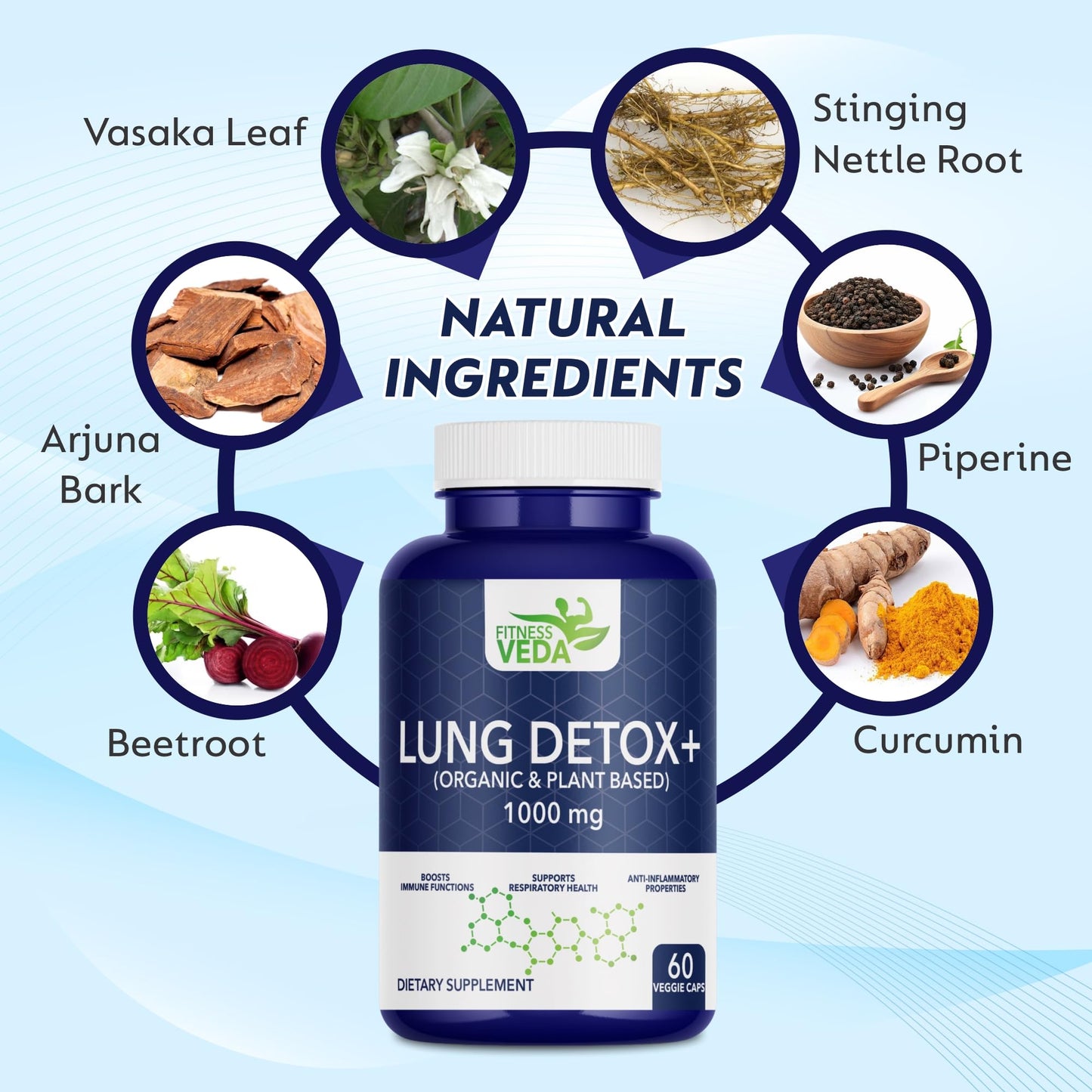 FITNESSVEDA Lung Detox+ Supplement | Respiratory Wellness & Immune Support |Organic & Plant Based | Clears Congestion, Supports Breathing Comfort, Improves Lung Health & Daily Cleanse | Pack of 1 – 60 Capsules