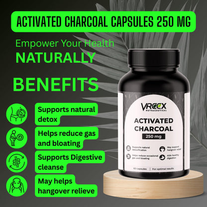VREEX Activated Charcoal 250 mg – Supports Natural Detox, Helps Reduce Gas & Bloating and Digestive Cleanse (60 Veg Capsules)