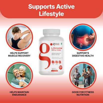 GLIMLACH L-Glutamine 500mg Tablets, Supports Immunity & Muscle Function, 50 Tablets