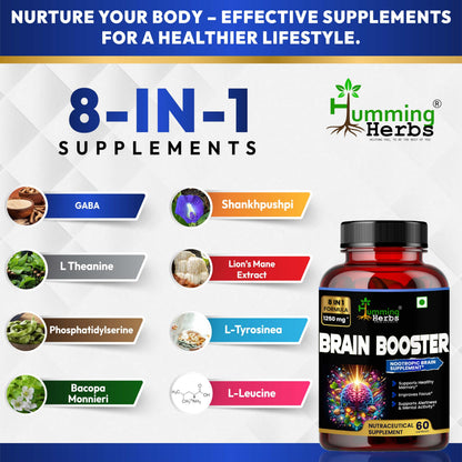 Humming Herbs Brain Booster | Nootropic Brain Supplement for Memory, Focus, & Mental Clarity - 8 in 1 Formula with GABA, Bacopa, Lion's Mane