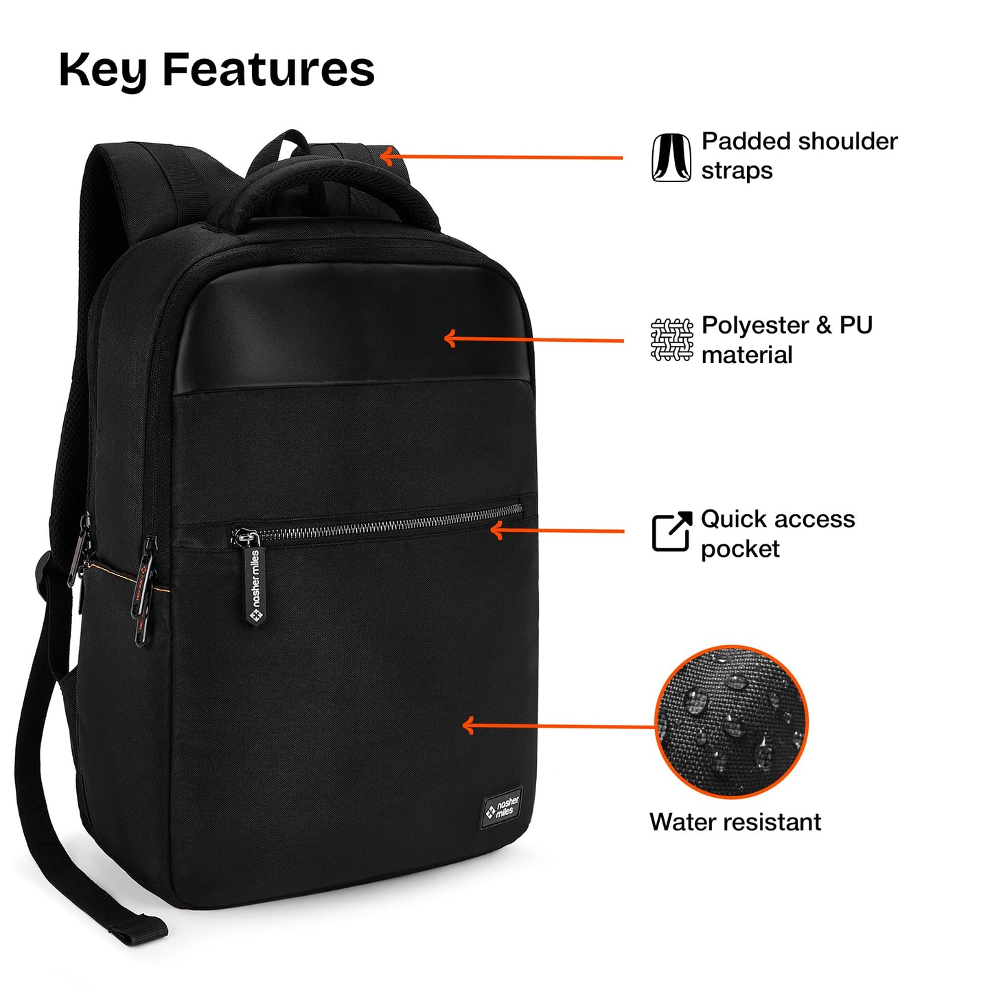 Nasher Miles Traverse Corporate Backpack | Premium Polyester & PU Laptop Backpack 24L | Ideal for Office, College, School & Travel | Men, Women, Boys, Girls (Black)