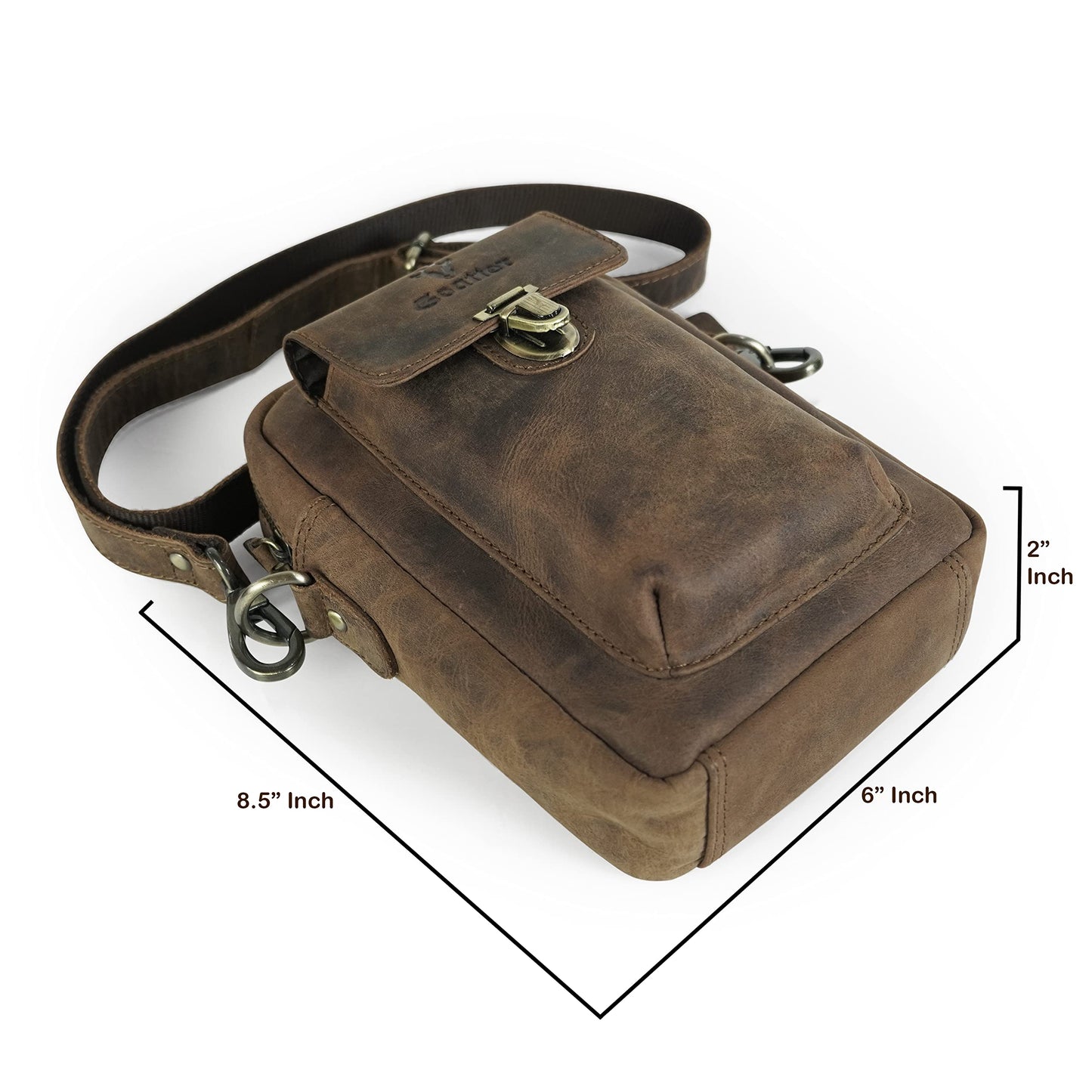 Goatter Hunter Leather Unisex Sling Cross-Body Bag, Compact Organizer, Dual Adjustable Straps, Zipper Closure,