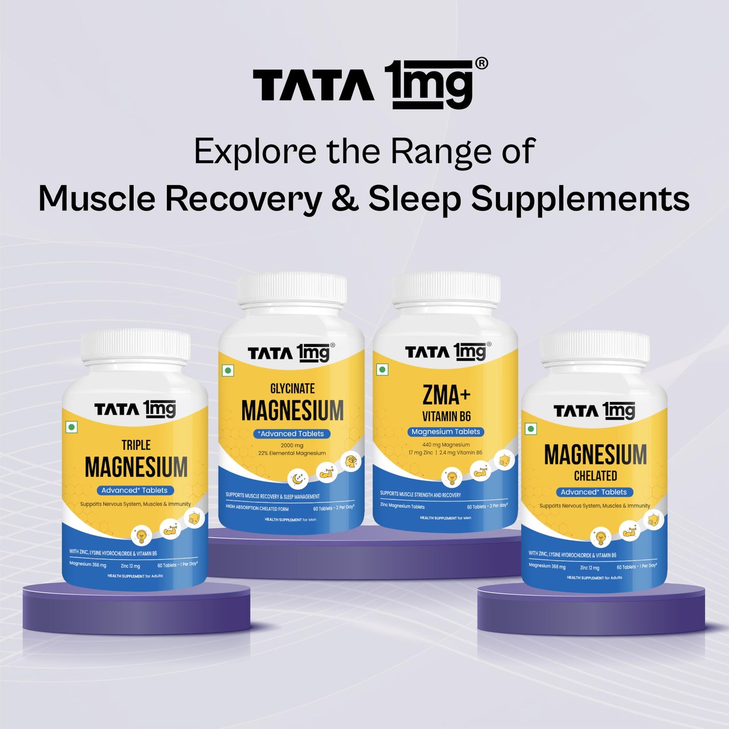 Tata 1mg Triple Magnesium Complex Tablets | Magnesium Glycinate, Citrate & Oxide Supplement | Supports Sleep, Muscle Recovery & Bone Health | Reduces Cramps & Stress – 60 Veg Tablets