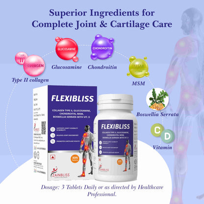Zainbliss Flexibliss | Joint & Cartilage Support Tablets with Collagen Type-II, Glucosamine, Chondroitin, MSM, Boswellia Serrata | Promotes Joint Flexibility, Mobility & Strength | 30 Tablets Pack |