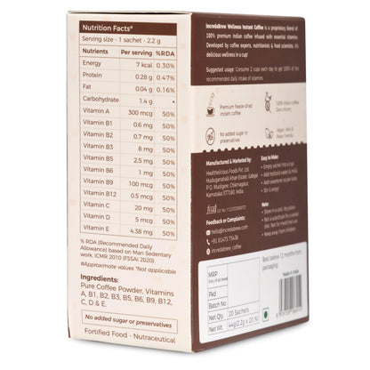 IncredaBrew Wellness Instant Coffee Powder - 20 Cups, Vitamin Rich Diet Coffee for Hot/Cold Coffee, Milk/Black Coffee | 20 x 2.2g Instant Coffee Sachets