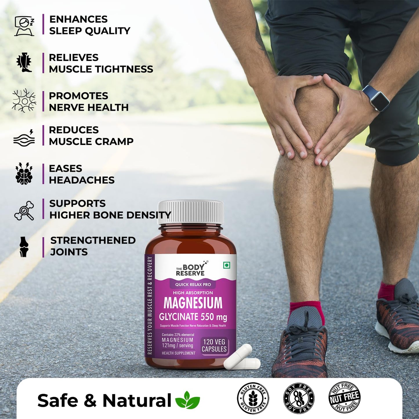 The Body Reserve Magnesium Glycinate Supplement - 120 Vegetable Capsules, 550mg Per Serving, High Absorption Chelated Form - Supports Muscle & Nerve Health, Aids Relaxation for Men & Women