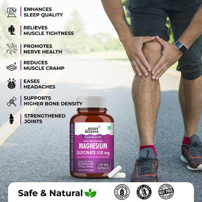 The Body Reserve Magnesium Glycinate Supplement - 120 Vegetable Capsules, 550mg Per Serving, High Absorption Chelated Form - Supports Muscle & Nerve Health, Aids Relaxation for Men & Women