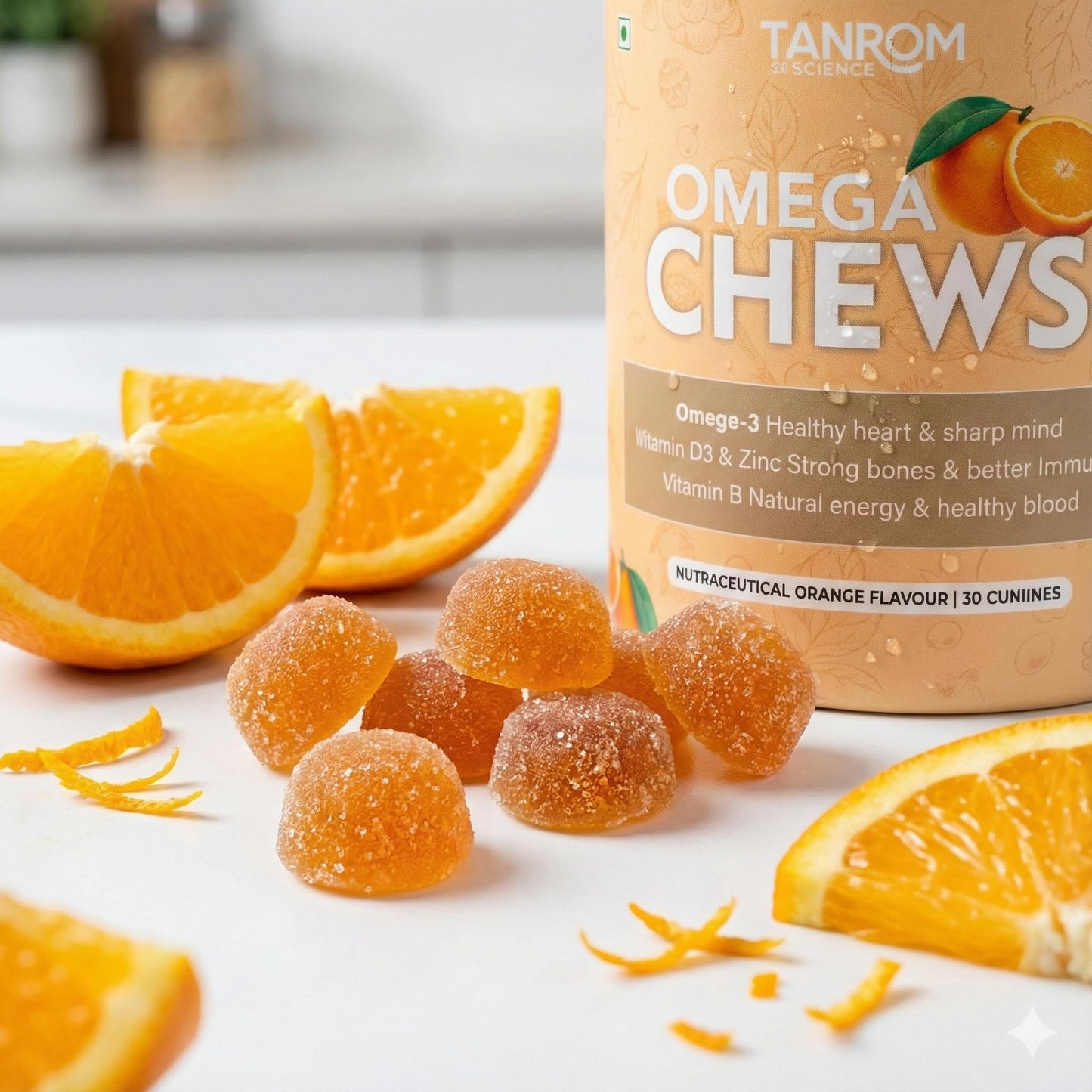 OmegaChews - Daily Orange Flavor Multivitamin Gummies (30 Pack) with Veg Omega-3, Vitamins B, C, D, Iron, Zinc, Calcium, Magnesium for Growing Kids & Busy Families - New Environment Friendly Packaging