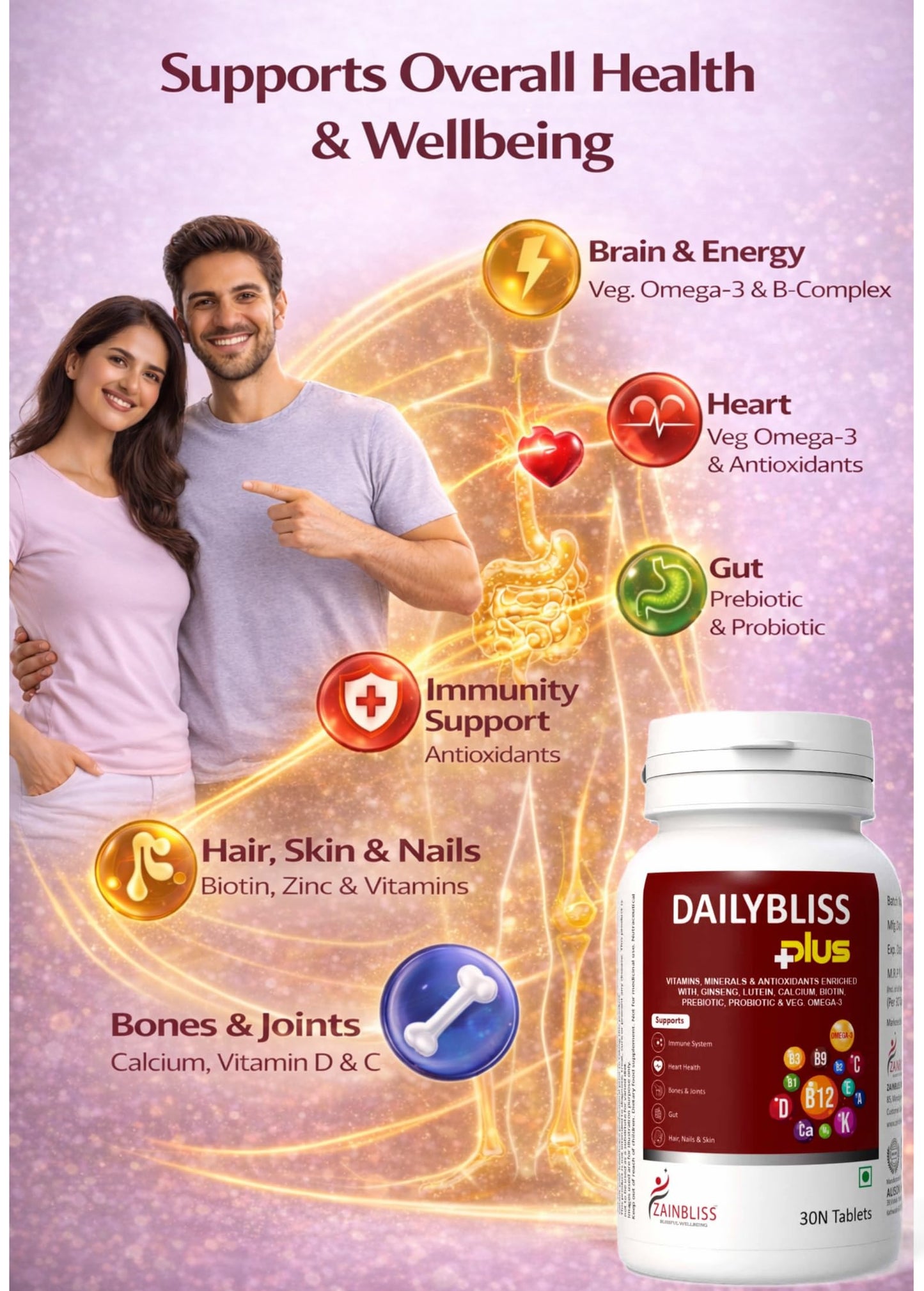 Dailybliss Plus Multivitamin Tablets – 30 Veg Tablets | With Veg Omega-3, Antioxidants, Vitamin B Complex, Calcium, Vitamin D, Biotin, Prebiotic & Probiotic | Daily Health Supplement for Energy, Immunity, Hair, Skin & Bone Support