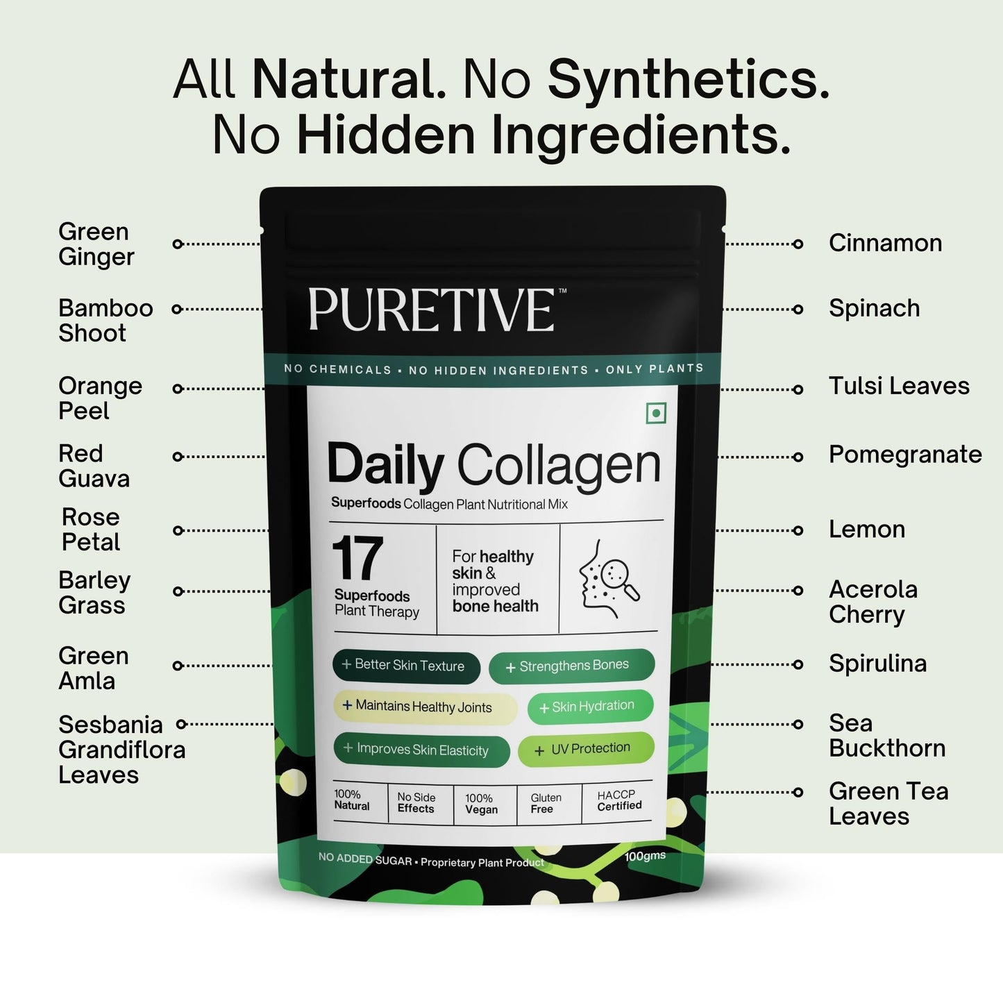 Puretive Daily Collagen Supplement | Plant Based Nutritional Mix | For Men and Women | Combats Dull Skin & Hair Loss | For Glowing Skin | 100% PURE Vegan |For Everday use | Just Mix & Sip | 100gms