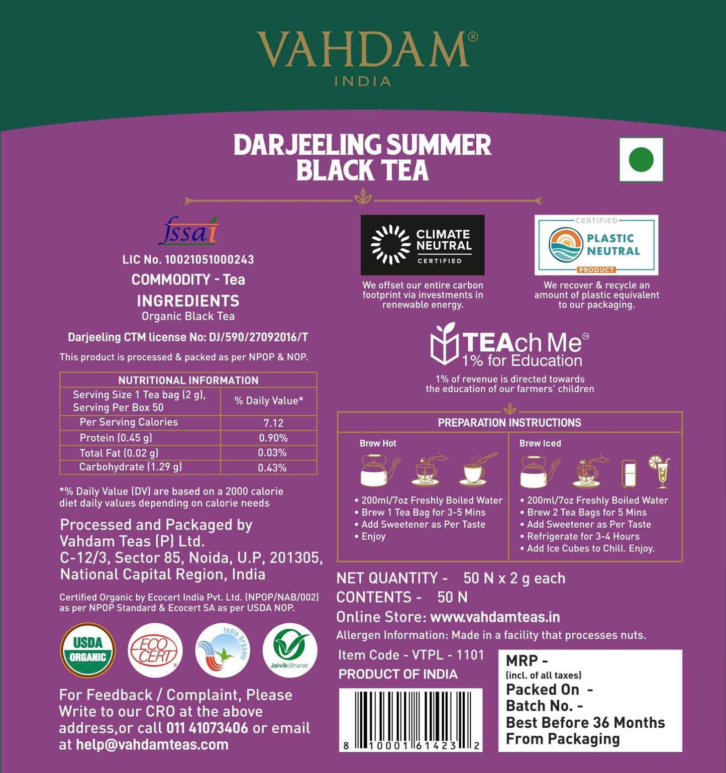 VAHDAM, Organic Darjeeling Black Tea Bags - 50 Pyramid Tea Bags | High Caffeine, Non-GMO, Gluten-Free | Robust & Flavoury | Unblended Second Flush Darjeeling Tea Bags | Resealable Ziplock Pouch