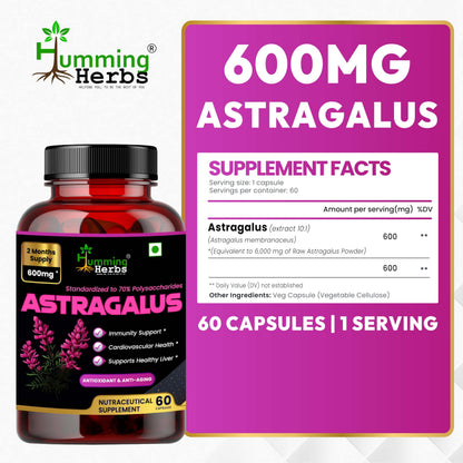 Humming Herbs Astragalus Root Extract Capsules - Supports Immune System, Cardiovascular & Liver Health - Natural Antioxidant & Anti-Aging Supplement