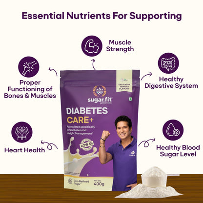 Sugar.fit | Active Foods Diabetes Care+ Supplement Powder 400g, High-Protein Soy & Whey Blend, 30 Vitamins & Minerals, Low GI, Zero Refined Sugar, Vanilla Flavour
