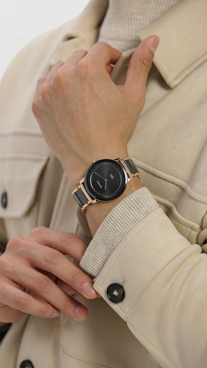 EDGE Titan Fusion Quartz Analog Black Dial Two Toned Black & Rose Gold Ceramic Strap Watch for Men - NT1878KD03