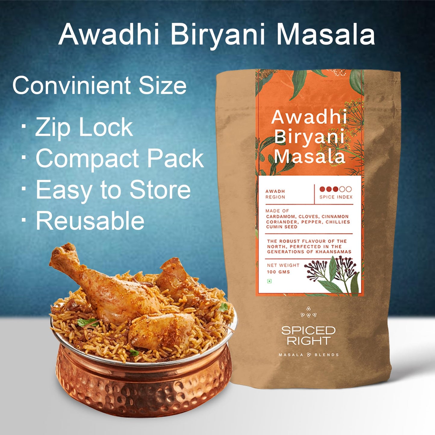 Spiced Right Awadhi Biryani Masala Powder (100g) | Authentic Flavors for Perfectly Spiced Biryani | Premium Handcrafted Spice Mix | Exquisite Indian Cuisine | Spicy and Flavorful Masala Mix