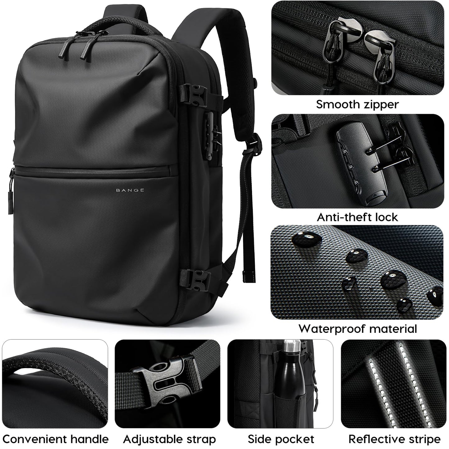 BANGE travel backpack can hold 15.6 inch laptop with anti-theft lock for men and women, Black, L