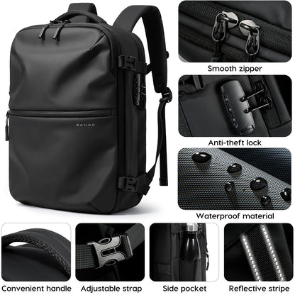 BANGE travel backpack can hold 15.6 inch laptop with anti-theft lock for men and women, Black, L