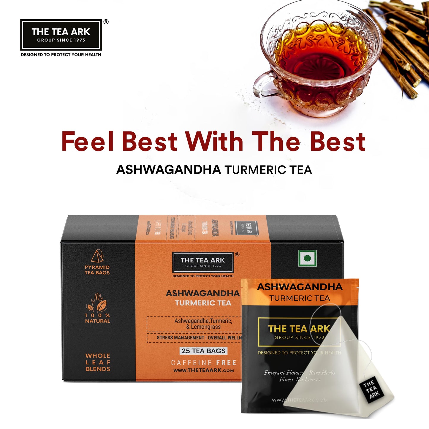 The Tea Ark Ashwagandha Tea Bags (25 Count) | Turmeric with Lemongrass Herbal Tea | Caffeine free Herbal Tea | Individually Wrapped Pyramid Tea Bags (25 Tea Bags)
