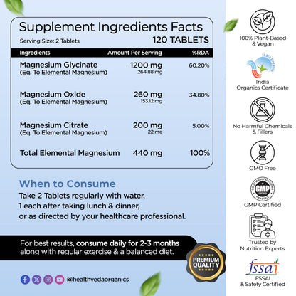 Health Veda Organics Magnesium Citrate + Glycinate 1648mg for Healthy Muscle Functioning, Improves Bone Density, Maintain Sugar Level, Assists in Heart & Nerve Health | 120 Veg Tablets for Men & Women