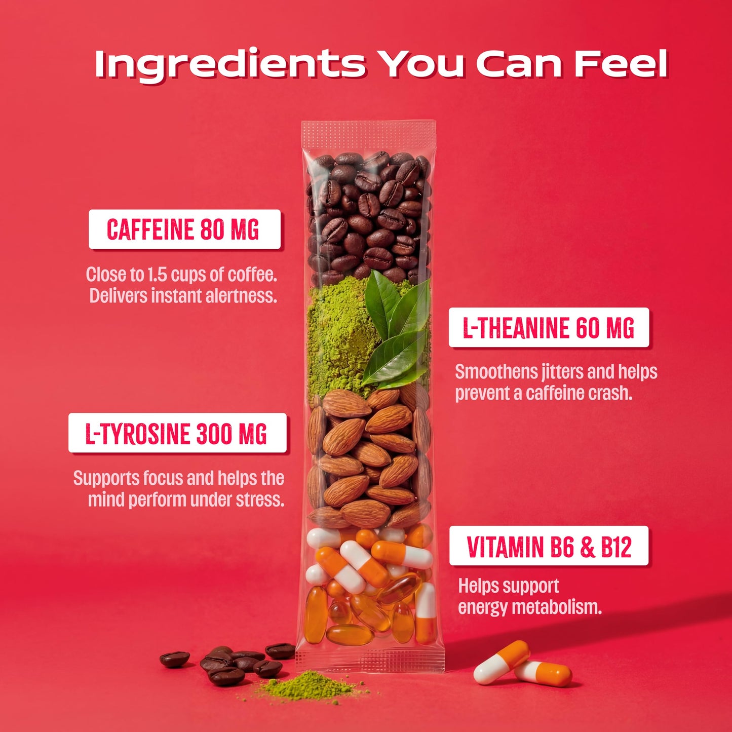 Hack Daily Energy & Focus Mouth Melt Powder 28 Sachets, 80mg Caffeine + 60mg L-Theanine, Vitamin B6 & B12, No Added Sugar, Quick Energy Boost & Mental Focus, Assorted Flavours (Coffee, Lemon Masala, Spearmint, Watermelon)