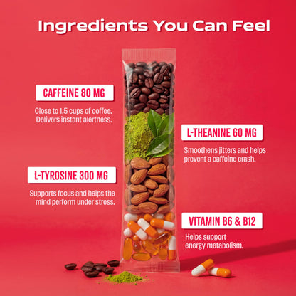 Hack Daily Energy & Focus Mouth Melt Powder 28 Sachets, 80mg Caffeine + 60mg L-Theanine, Vitamin B6 & B12, No Added Sugar, Quick Energy Boost & Mental Focus, Assorted Flavours (Coffee, Lemon Masala, Spearmint, Watermelon)