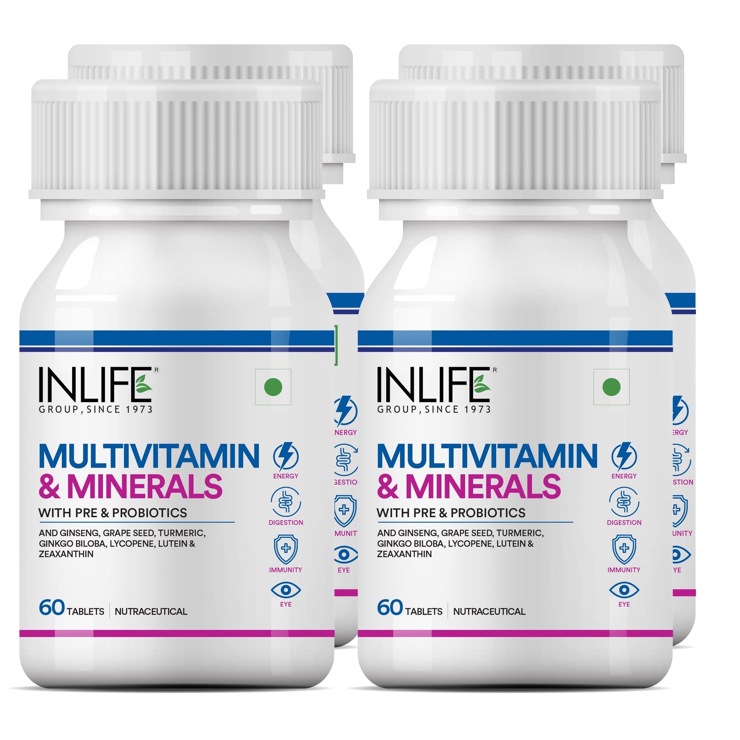 INLIFE Multivitamin Tablets For Men & Women with Ginseng & Prebiotic Probiotic | Multivitamin Supplement with Vitamin B12, C, D, E, Zinc & Biotin Nutrition Tablet - 60 Tablets (Adult (4 Pack))