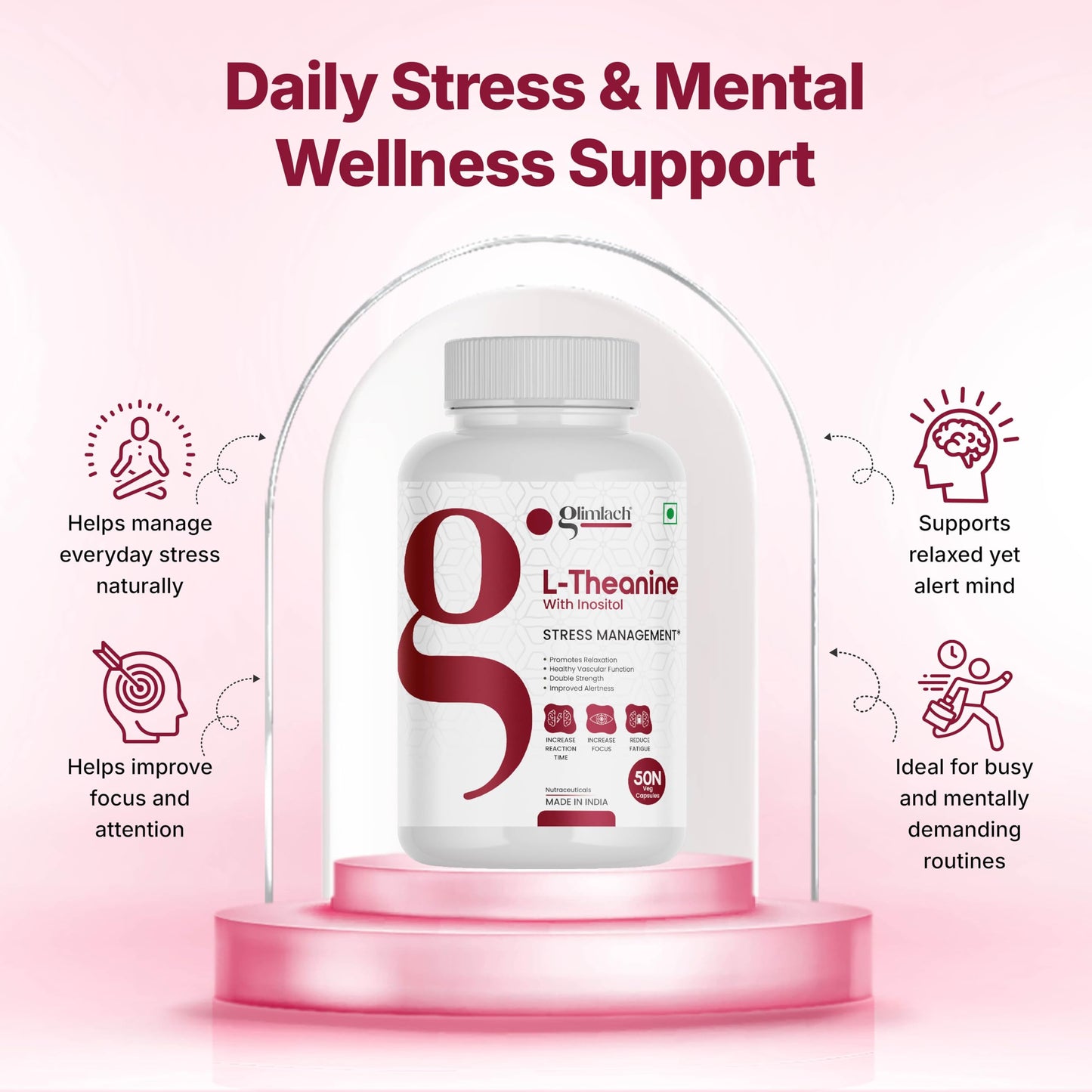 GLIMLACH L-Theanine 50 Capsules | Reduces anxiety & Stress | Promotes natural Relaxation, Restoration and Relief of Stress | L-Theanine Dietary Supplement Capsules
