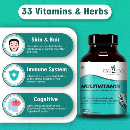 End2End Nutrition Omega 3 Fish Oil capsules and Multivitamin tablets with 33 Vitamins, Minerals and Herbs for Men and Women | Heart, Brain, Eye & Skin Health - (30x2)