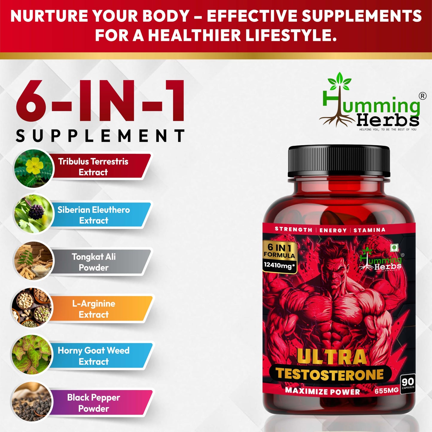 Humming Herbs Ultra Testosterone support for men| Muscle Growth, Energy and Performance with | Tongkat Ali, Tribulus,Arginine and Horny Goat Weed | | 6in1 | 12410 eqv |90 Capsules |, 80 grams