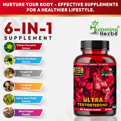 Humming Herbs Ultra Testosterone support for men| Muscle Growth, Energy and Performance with | Tongkat Ali, Tribulus,Arginine and Horny Goat Weed | | 6in1 | 12410 eqv |90 Capsules |, 80 grams