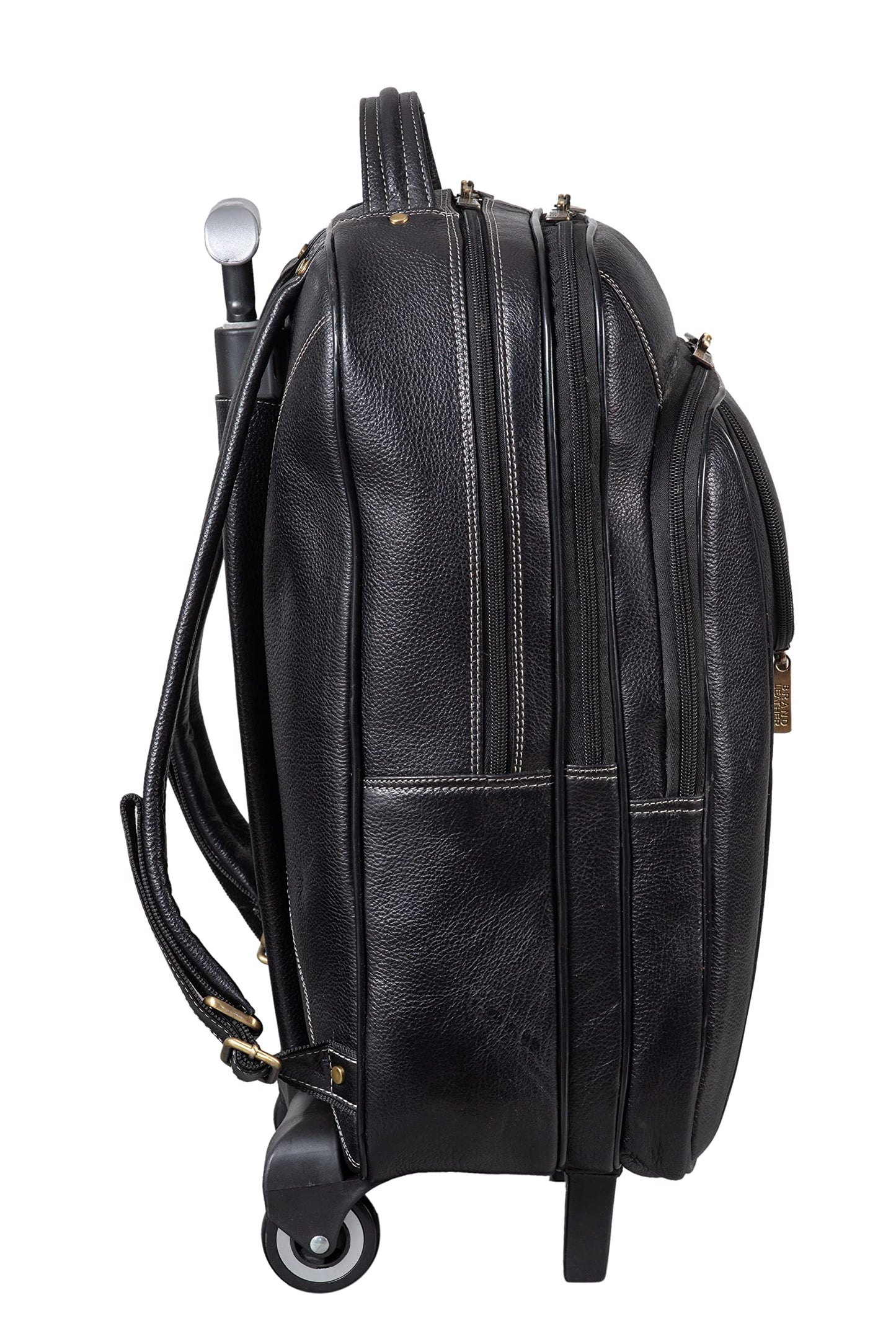 BRAND LEATHER Rolling Backpack Wheeled Laptop Backpack for Travel, Carryon Trolley Luggage Suitcase Compact Business Bag Student Laptop Bag for Men Women (BLACK)