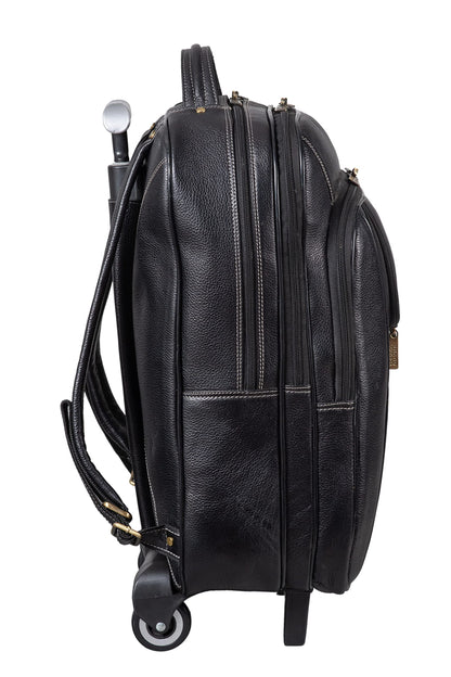 BRAND LEATHER Rolling Backpack Wheeled Laptop Backpack for Travel, Carryon Trolley Luggage Suitcase Compact Business Bag Student Laptop Bag for Men Women (BLACK)