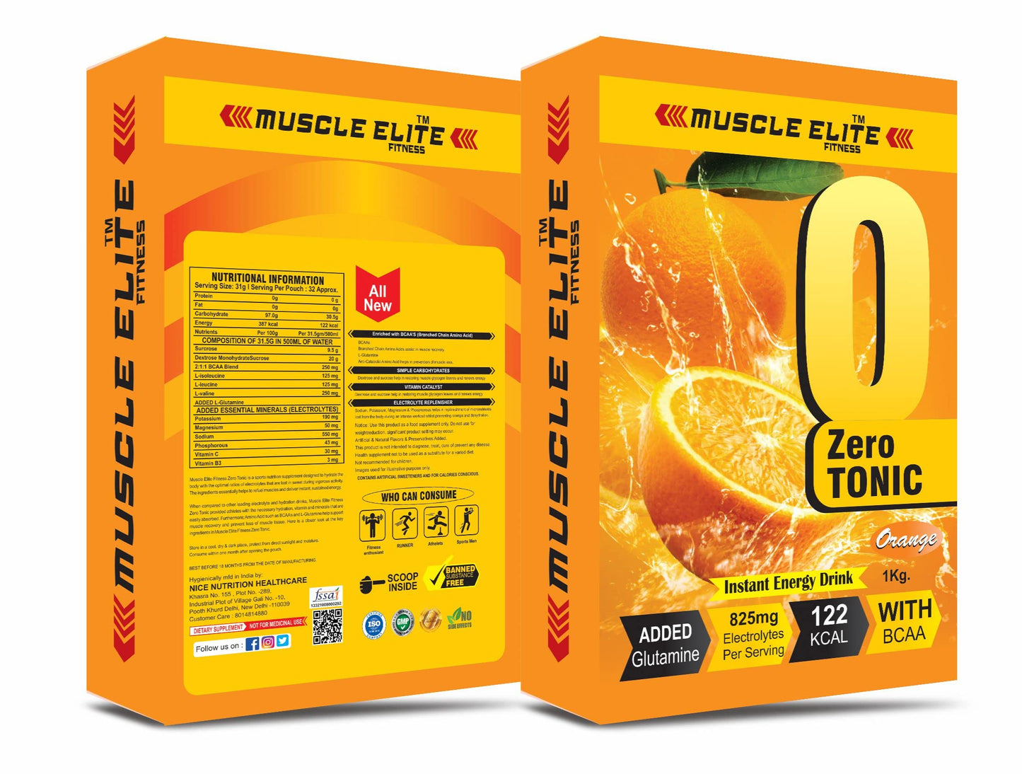 MUSCLE ELITE FITNESS Zero Tonic Instant Energy Drink Pre-Workout Electrolyte Energy Drink BCAA, Monohydrate and L-Glutamine Sports Supplement | 825mg Electrolytes [32 Servings] X1 Orange