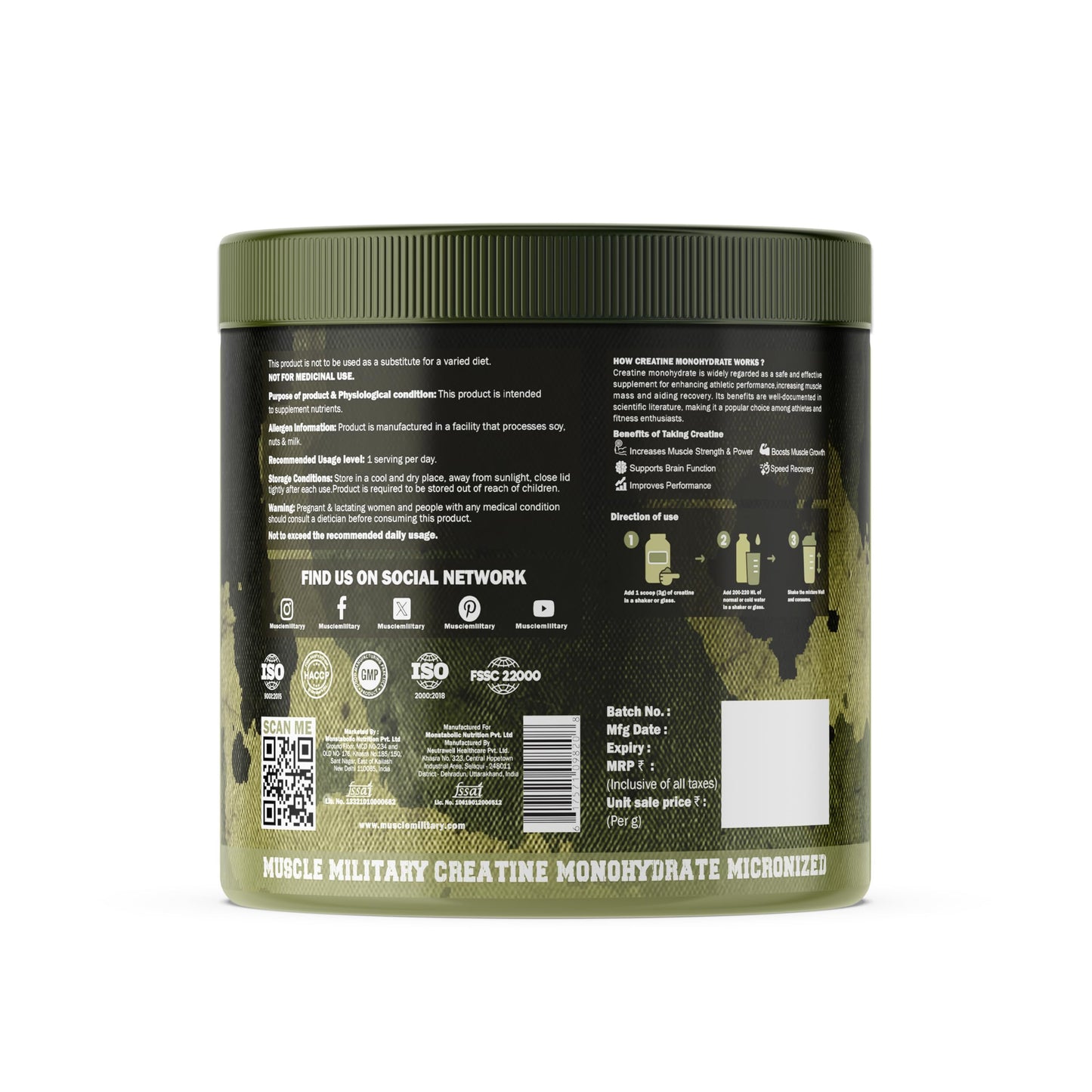 Muscle Military Creatine Monohydrate Micronized | 100g (33 Servings) | Unflavoured | 3g Per Serving | Lab-Tested Muscle Strength & Recovery Supplement | Performance Booster for Men & Women