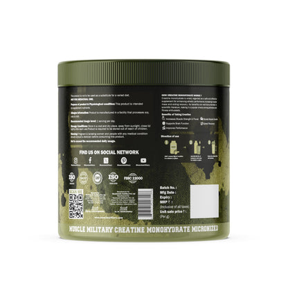 Muscle Military Creatine Monohydrate Micronized | 100g (33 Servings) | Unflavoured | 3g Per Serving | Lab-Tested Muscle Strength & Recovery Supplement | Performance Booster for Men & Women