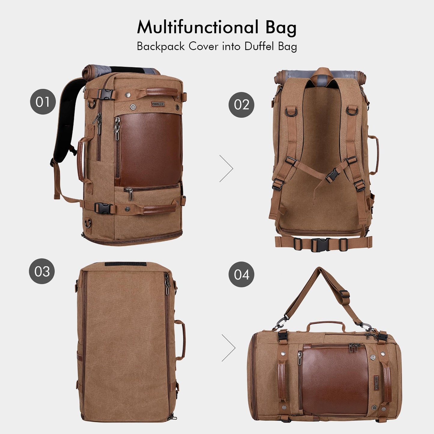 WITZMAN Travel Backpack for Men Carry on Luggage Backpack Large Man Canvas Rucksack with Shoe Compartment（A2021-2 Brown