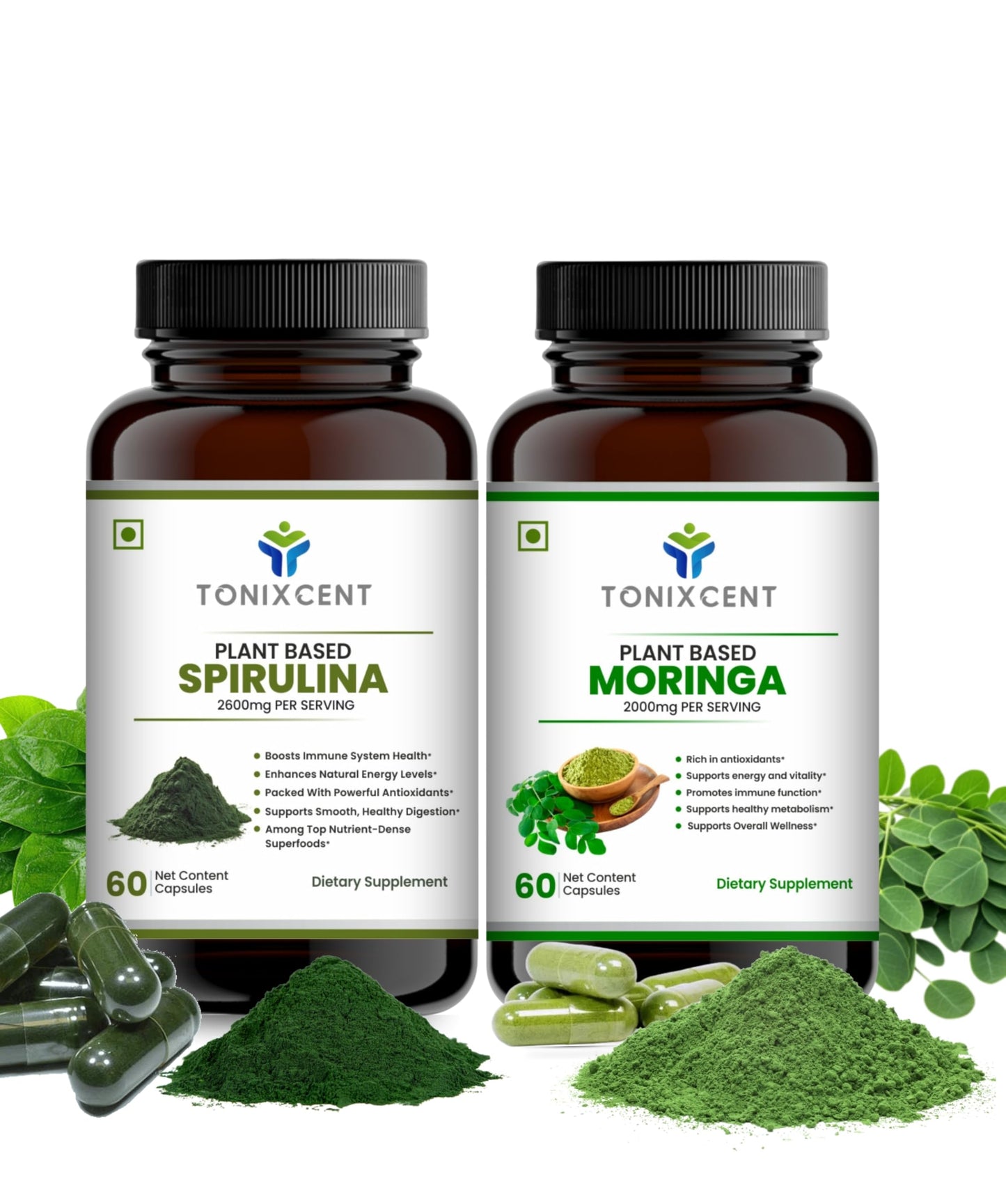 TONIXCENT Super Green Vitals Combo | Moringa 2000mg + Spirulina 2600mg Per Serving | 90 Nutrients, 46 Antioxidants | Immunity, Energy, Detox & Wellness Support | 2 x 60 Vegan Capsules